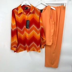 NWT Marlon 3 pcs Pants Set Button Up Top Tank & Pants Oversized Flowy Orange L - Picture 1 of 14