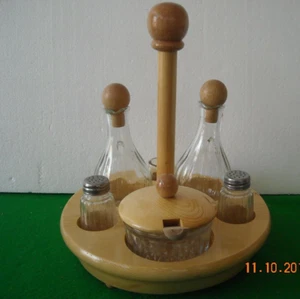 SERVIZIO OLIO ACETO 6 PZ ROTONDO VETRO E LEGNO ANNI 90 - Picture 1 of 1