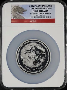 2012-P Australia $8 Silver Year Of The Dragon 5 oz NGC PF-69 UC First Release - Picture 1 of 2