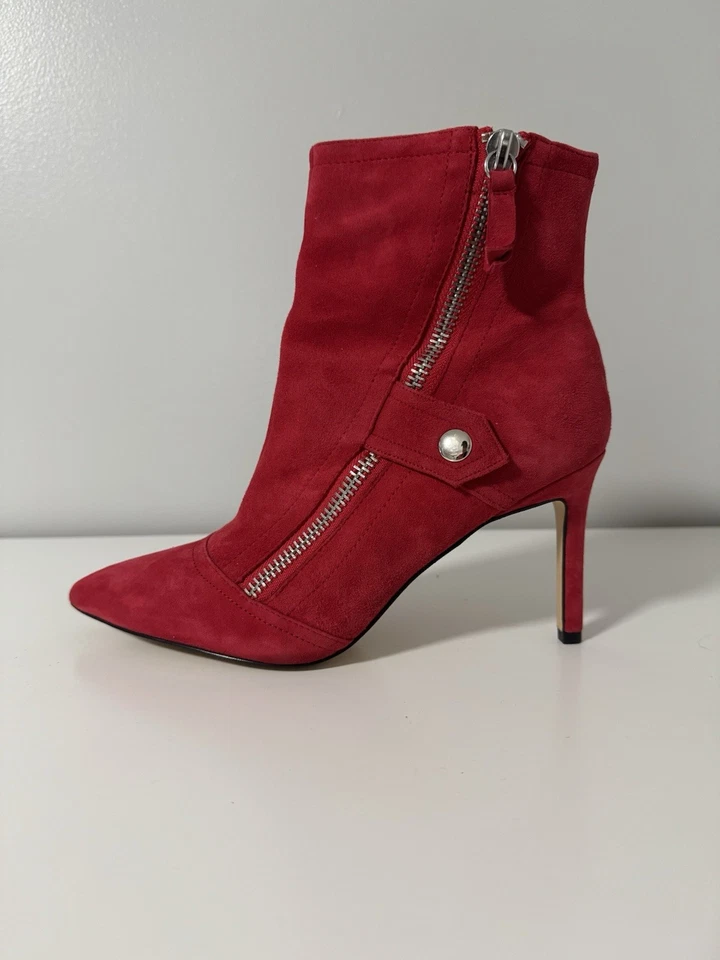 Nine West 红色麂皮绒踝靴女式 9M 码尖头细跟拉链 — 第 1/4 张图片