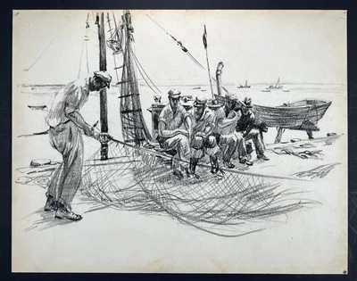 James Merrick Vtg Drawing Men Mending Fishing Nets Dock 11x14” Unsigned Fine Art - Image 1 of 4