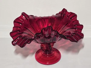 Vintage Fenton Ruby Red Glass Ruffled Beaded 7" Compote  - Picture 1 of 10