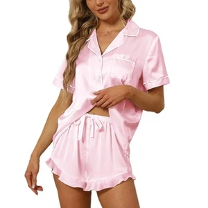 Satin Silk Pajamas for Women 2Pcs Ruffle Notch Collar Sleepwear Button Down S... - Picture 1 of 6