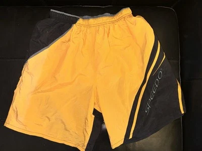 Speedo Swim Trunks Mens Medium Yellow Black Paint Stripes Bathing Suits Shorts - Image 1 of 4