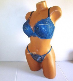Victoria Secret Very Sexy Push-Up Bra set V-String panty Blue Sapphire Lace 38D