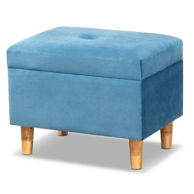 Baxton Studio Elias Sky Blue Velvet and Brown Finished Wood Storage Ottoman - Image 1 of 4