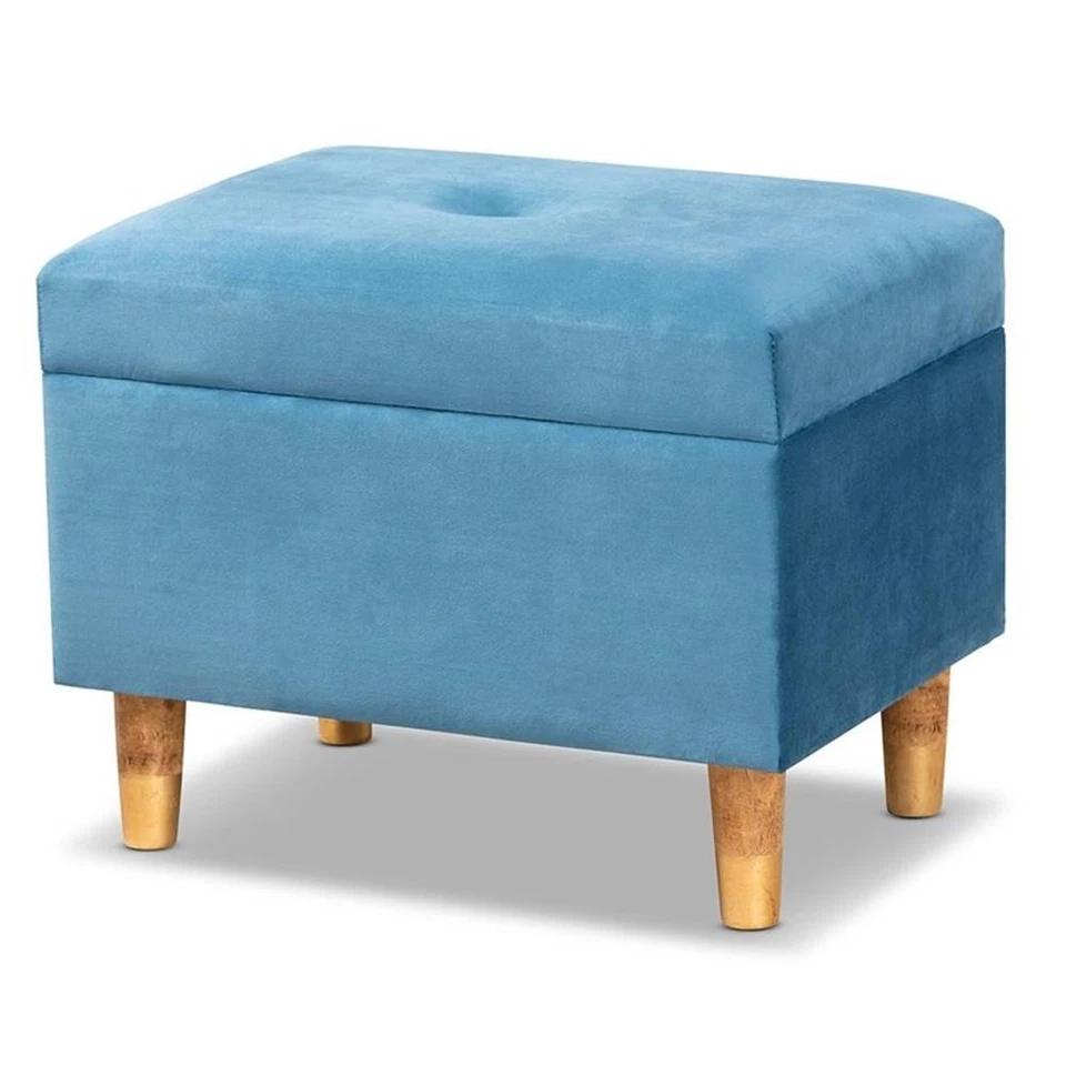 Baxton Studio Elias Sky Blue Velvet and Brown Finished Wood Storage Ottoman - Image 1 of 4