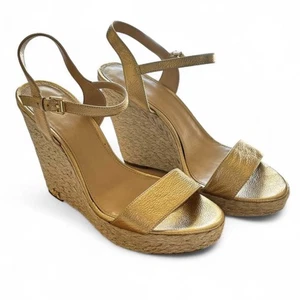 Michael Kors Jill Espadrille Metallic Gold Leather Woven Wedge Sandal 10 - Picture 1 of 9