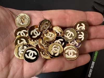 Vintage CHANEL Gold tone Metal Button CC Logo in white Enamel color LOT OF 22 - Image 1 of 4