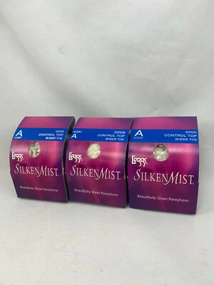 3 Pr Leggs Silken Mist Control Top Pantyhose -Sheer Toe- Sizes A, B- Ivory, Navy - Image 1 of 4