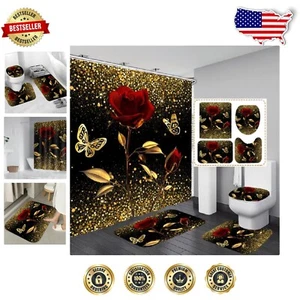 Luxury Waterproof Gold Rose Shower Curtain Set with Hooks and Rugs - 72"x72" - Picture 1 of 8