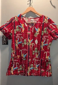 Disney Scrubs Top Tinkerbell Christmas Red Small  - Picture 1 of 3