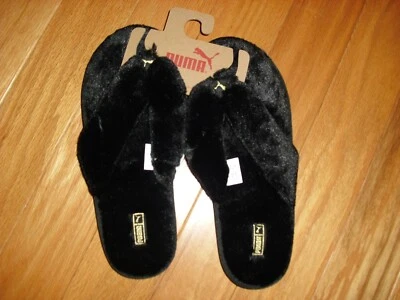 NWT**Women's Puma BLACK Fluff Fluffy Flip Flops Fur Sandals**Sz 10 - Image 1 of 2