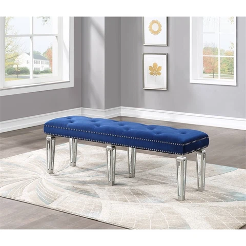 Bowery Hill Contemporary Bench in Blue Velvet and Mirrored Cover