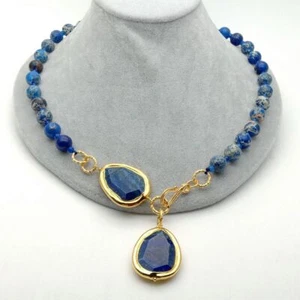 Blue Sea Sediment Jasper Necklace Natural Lapis Pendant 23'' - Picture 1 of 7