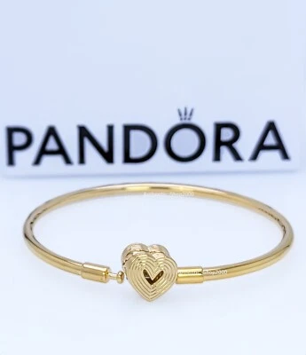 New 100% PANDORA 14k Gold Charm Bangle Bracelet Radiating Heart Clasp 563752C00 - Image 1 of 4
