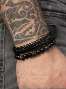 2Pcs Men Stainless Steel Magnetic Clasp Braided Black Leather Bracelet Wristband - Picture 1 of 4