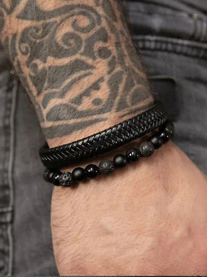 2Pcs Men Stainless Steel Magnetic Clasp Braided Black Leather Bracelet Wristband - Image 1 of 4