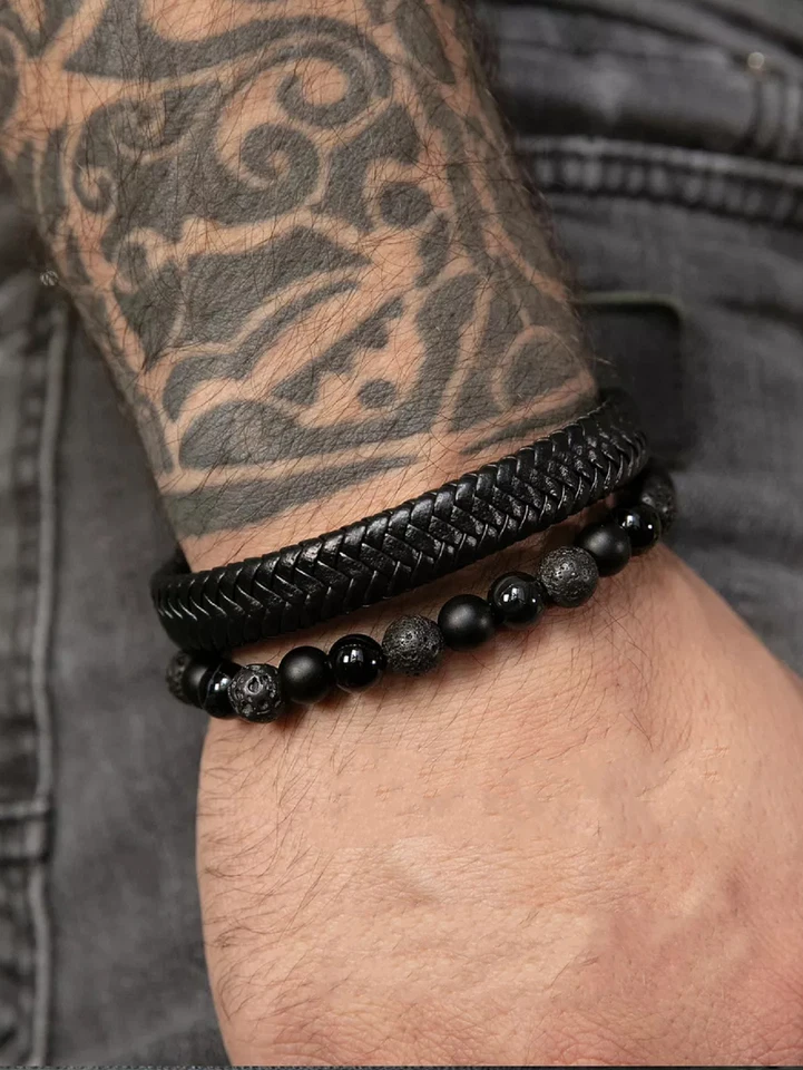 Pulsera pulsera de cuero negro trenzado con cierre magnético de acero inoxidable para hombre 2 piezas Foto 1 de 4