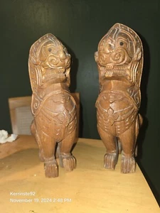 Vintage Pair Of Chinese Carved Wood Foo Fu Dog Lion Guardian Statues 11" - Picture 1 of 13