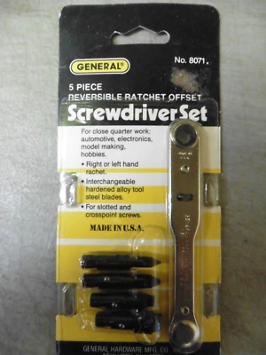 New Old Stock USA Made 5pc GENERAL 8071 Reversible RATCHETING OFFSET SCREWDRIVER - Image 1 of 2