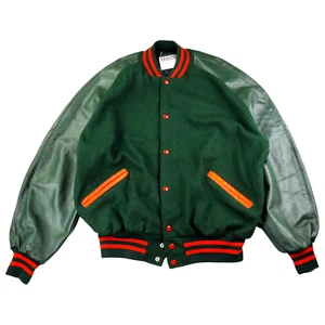 Vintage Varsity Jacket XXL Green Orange Leather Wool DeLong Letterman Award USA - Picture 1 of 14