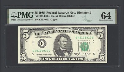United States-Federal Reserve 5 Dollars 1985 Fr#1978-E (EC Block) UNC Grade 64 - Image 1 of 2