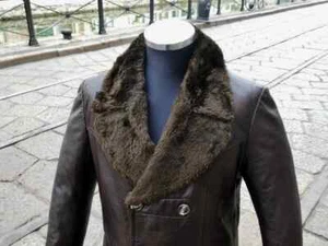 men and women trench coat Dark brown leather trench coat with fur collar and int - Picture 1 of 7