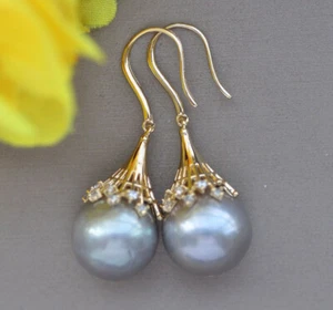 13mm Gray Round Edison Keshi Pearl Dangle Earring CZ - Picture 1 of 4
