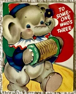 Vintage Geburtstag Elefant Spiel Akkordeon Clown Kostüm Grußkarte 40er 50er - Bild 1 von 3