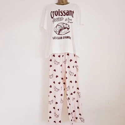 NEW Simply Be Plus Size 16-34 Croissant Print Pink Pyjama 2 Piece Set Top Bottom - Image 1 of 4