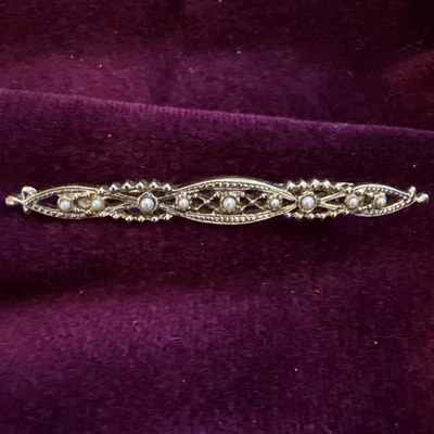 Mid Century Brooch circa 1965 Bar Pin Seed Pearls Gold Tone Vintage - Image 1 of 4