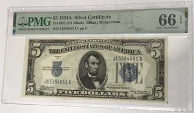 1934A $5 Silver Certificate PMG 66 Gem Uncirculated EPQ Fr#1651 JA Block - Image 1 of 2