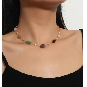 Collana Pietra Naturale Multi Colorata Regolabile Oro Chocker Catena Gemma Nuova - Foto 1 di 6