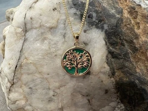 Ciondolo Clogau in oro giallo e rosa 9 ct albero della vita malachite 375 raro 22" - Foto 1 di 11