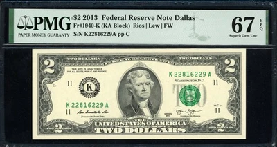 Fr. 1940-K (KA Block) 2013 $2 Dallas Note PMG Superb Gem Unc 67 EPQ - Image 1 of 2