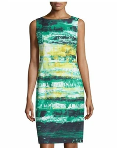 Mini abito smanicato Lafayette 148 verde stampato multi tubino taglia 10 donna - Foto 1 di 17