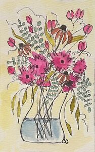 Original watercolor Signed  painting.5x3”coneflowers. Roses. Tulips. Flowers.