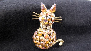 WARNER Cat Gold Tone Pin Brooch Aurora Borealis AB Rhinestones Signed Vintage - Picture 1 of 5