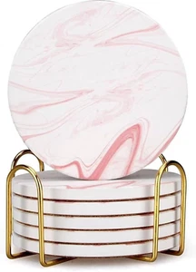 Cute Pink Marble Coasters Set of 6 Pack Stone Coffee Table Decor Absorbent Ceram - Picture 1 of 12