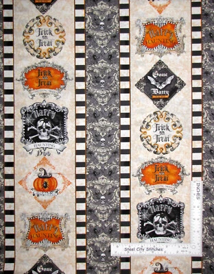 Tela de algodón a rayas con borde Batty Gone Halloween #56061 Wilmington 25" de largo Foto 1 de 2