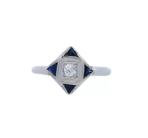 Art Deco 14kt White Gold Ring with Old mine Diamond and Sapphire - Picture 1 of 5