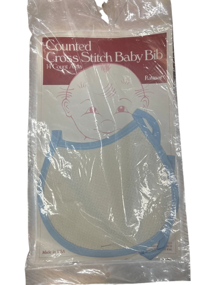 Counted Cross Stitch Baby Bib 14-Count Aida With Blue Trim By Bucilla - Image 1 of 1