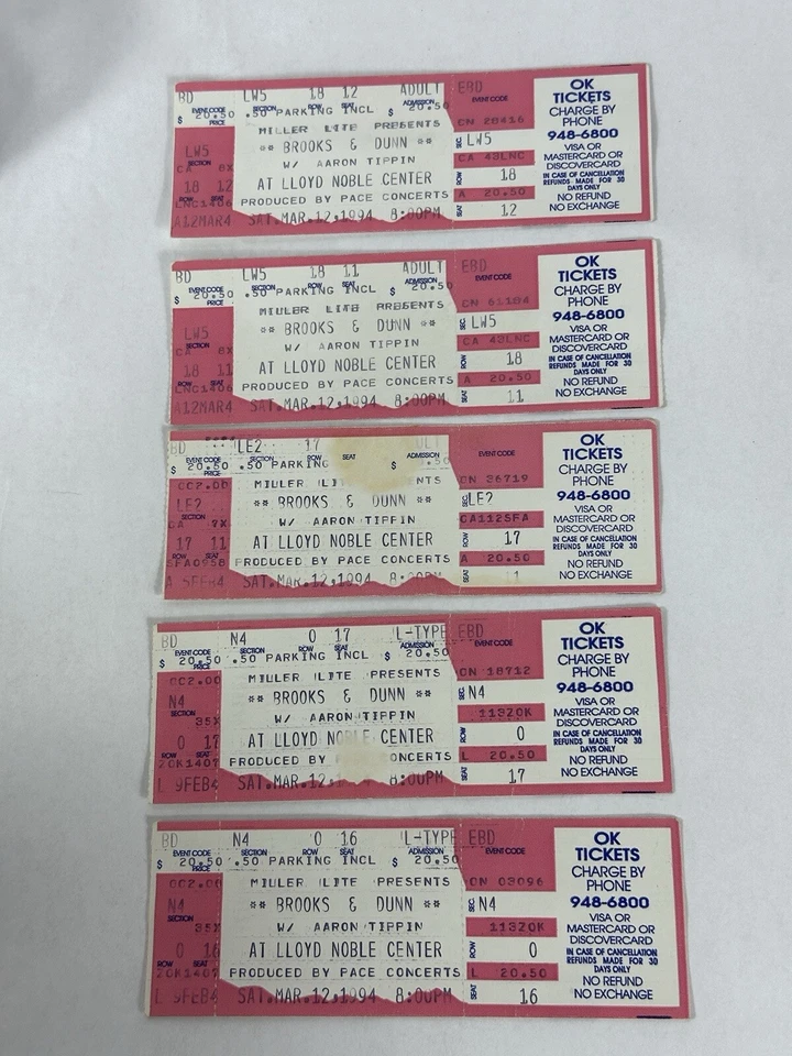 Brooks & Dunn 5 Un-Used Concert Tickets March 12,  1994 Lloyd Mobile Center OK - Image 1 of 2