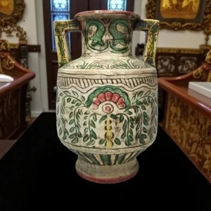 Antique Japanese Pottery Vase Hand Painted Floral Handles Vintage - Picture 1 of 13