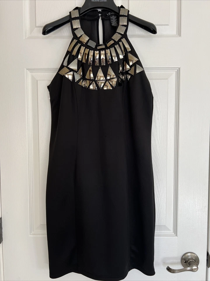 Vintage Black Sleeveless Scoop Neck Silver Embellished Cocktail Dress Med-Large  - Image 1 of 4