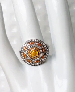 Art Deco Round Shape Decorated With Yellow Sapphire & White CZ Floral Style Ring - Picture 1 of 5