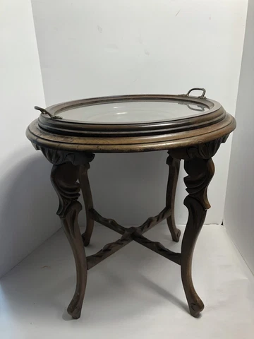 Vintage wood inlay carved end Side Table Glass butler serving Tray With Handles Cover
