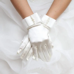 Satin Gloves With Bow Pretty Communion Gloves Bride Wedding Dress Girl White #J - Picture 1 of 3