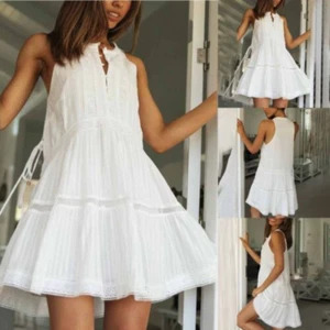 White Summer Holiday Dress Lace Stitching Stand Collar Sleeveless Button Dress - Picture 1 of 8